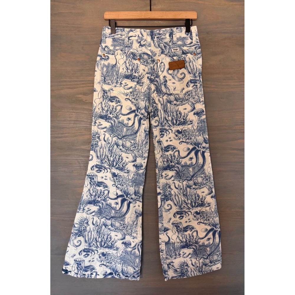 Wrangler Womens Blue White Nautical Toile Print High Rise Flare Jeans 26x32 - Picture 6 of 7